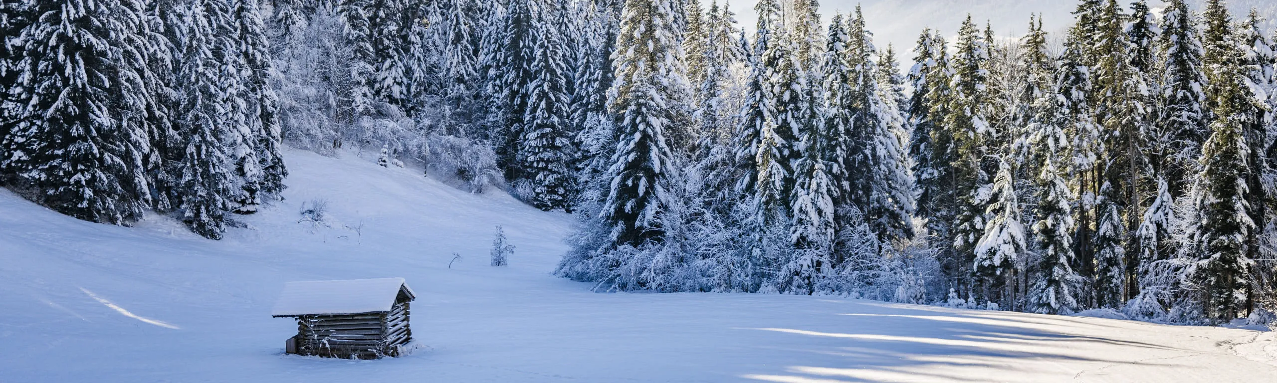 Verschneite Landschaft mit einer Holzschütte im Wilder Kaiser Gebirge.